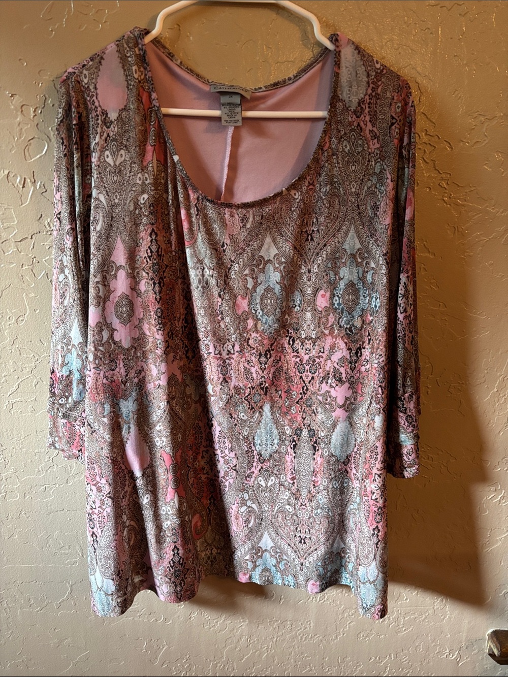 Catherines Pink and Gray Paisley Scoop-Neck Long Sleeve Top